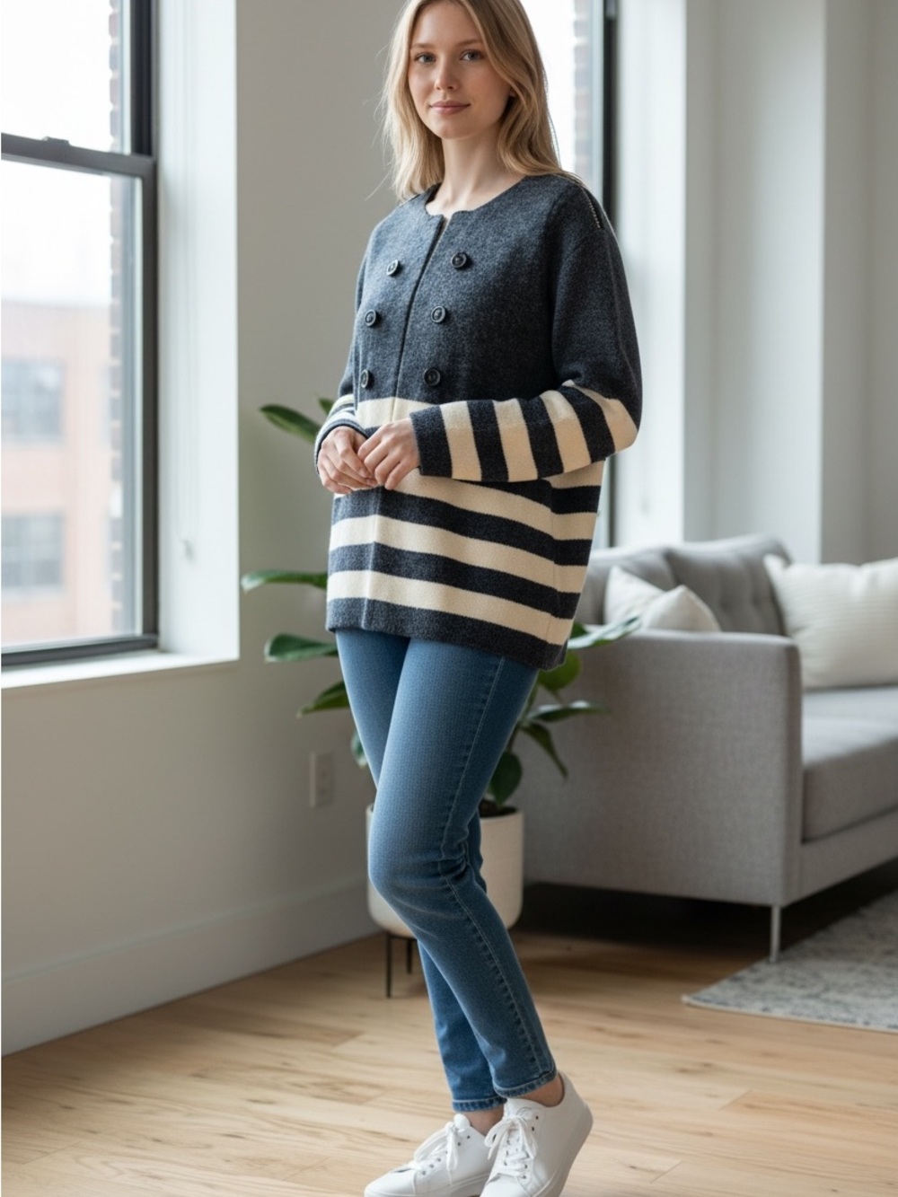 KEREN hart Navy and Cream Striped Double-Breasted Cardigan